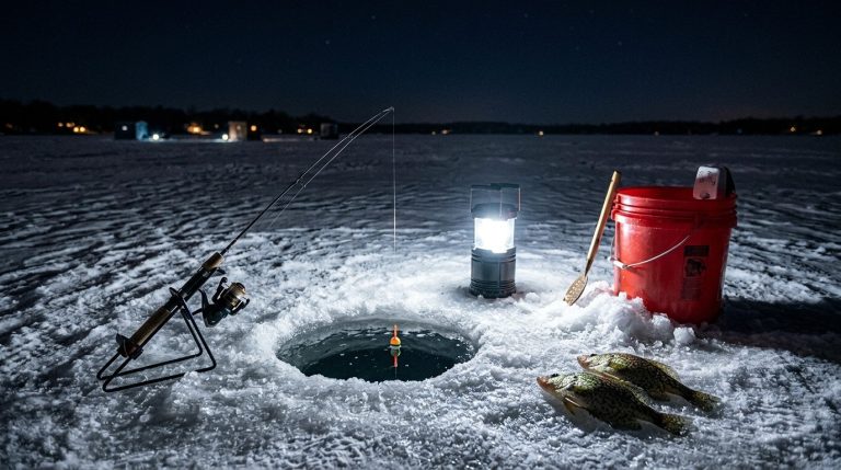 Ice Fishing Crappie at Night